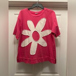 JODIFL Pink Tee with White Flower Appliqué